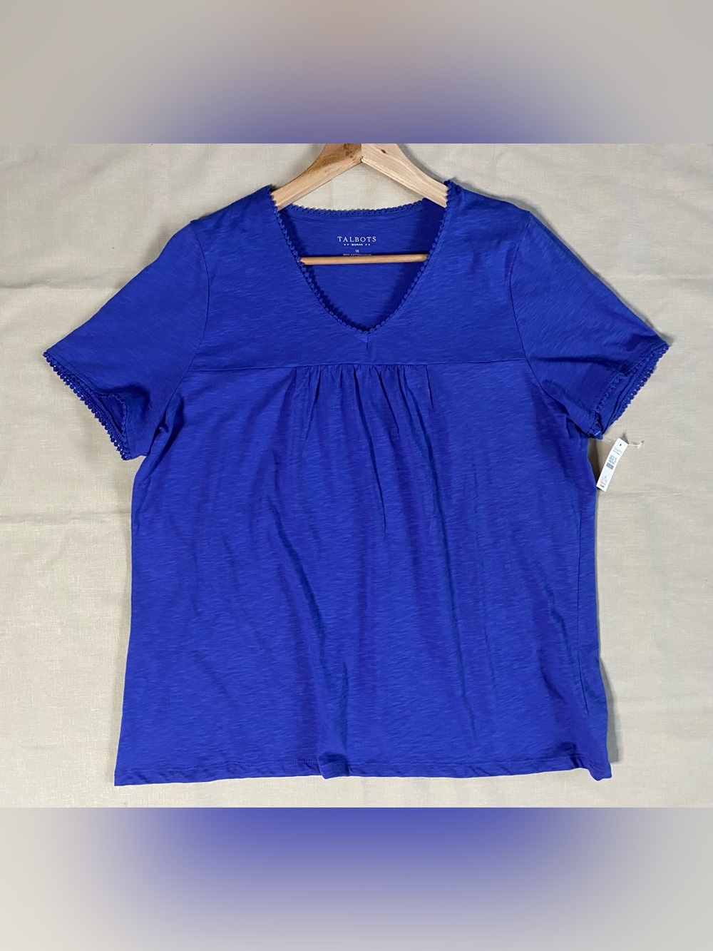 Talbots Woman Top 1X Blue Cotton V-Neck Short Sleeve Crochet Pom Pom Trim NWT